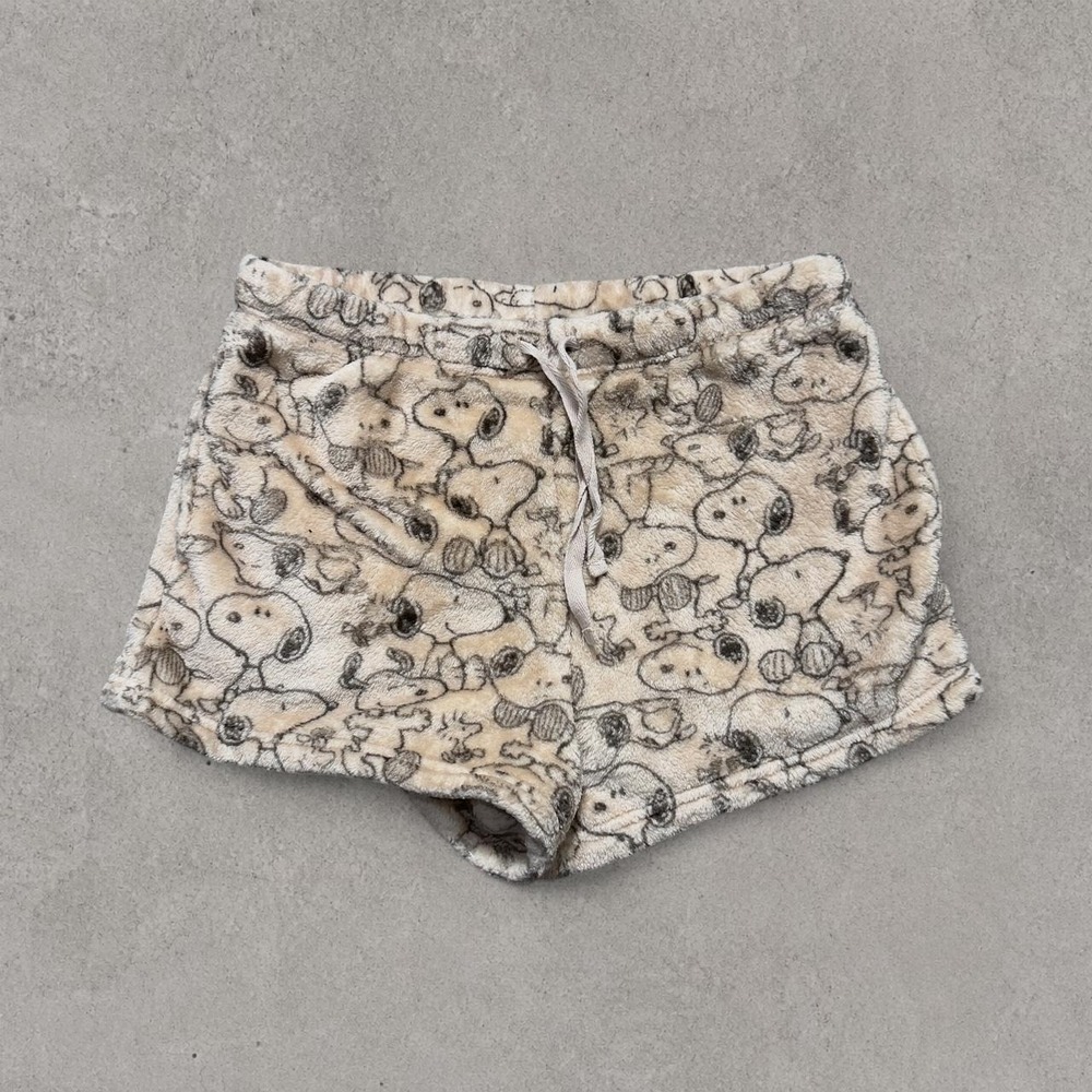 Peanuts Snoopy Plush Lounge Shorts Cream Tan Y2K Fuzzy Sleep Bottoms Small
